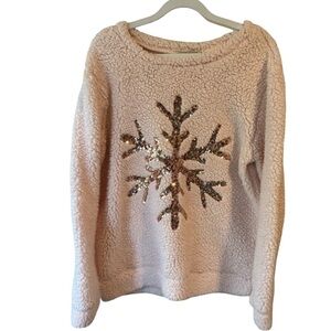 Chance or Fate Pinkish Cream Crew Neck Sweater with Festive Snowflake L